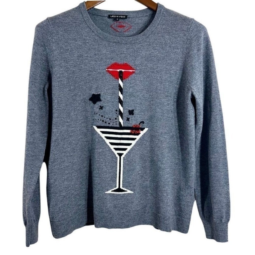 Leo & Ugo Paris Gray Wool Blend Martini Glass Lips Rhinestone Sweater Size 4 L